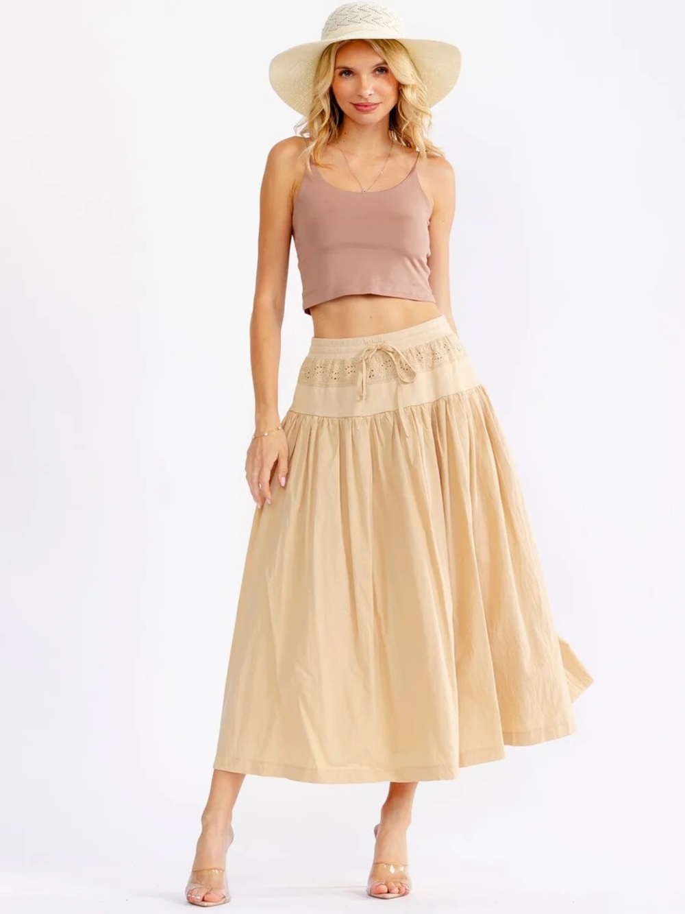 181 • Beige Tiered Maxi Skirt | Eyelet Fit & Flare Maxi Skirt